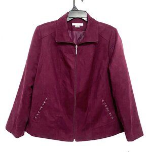 Allison Daley Plus Velvet/Velour Full Zip Jacket Wine Size 16W